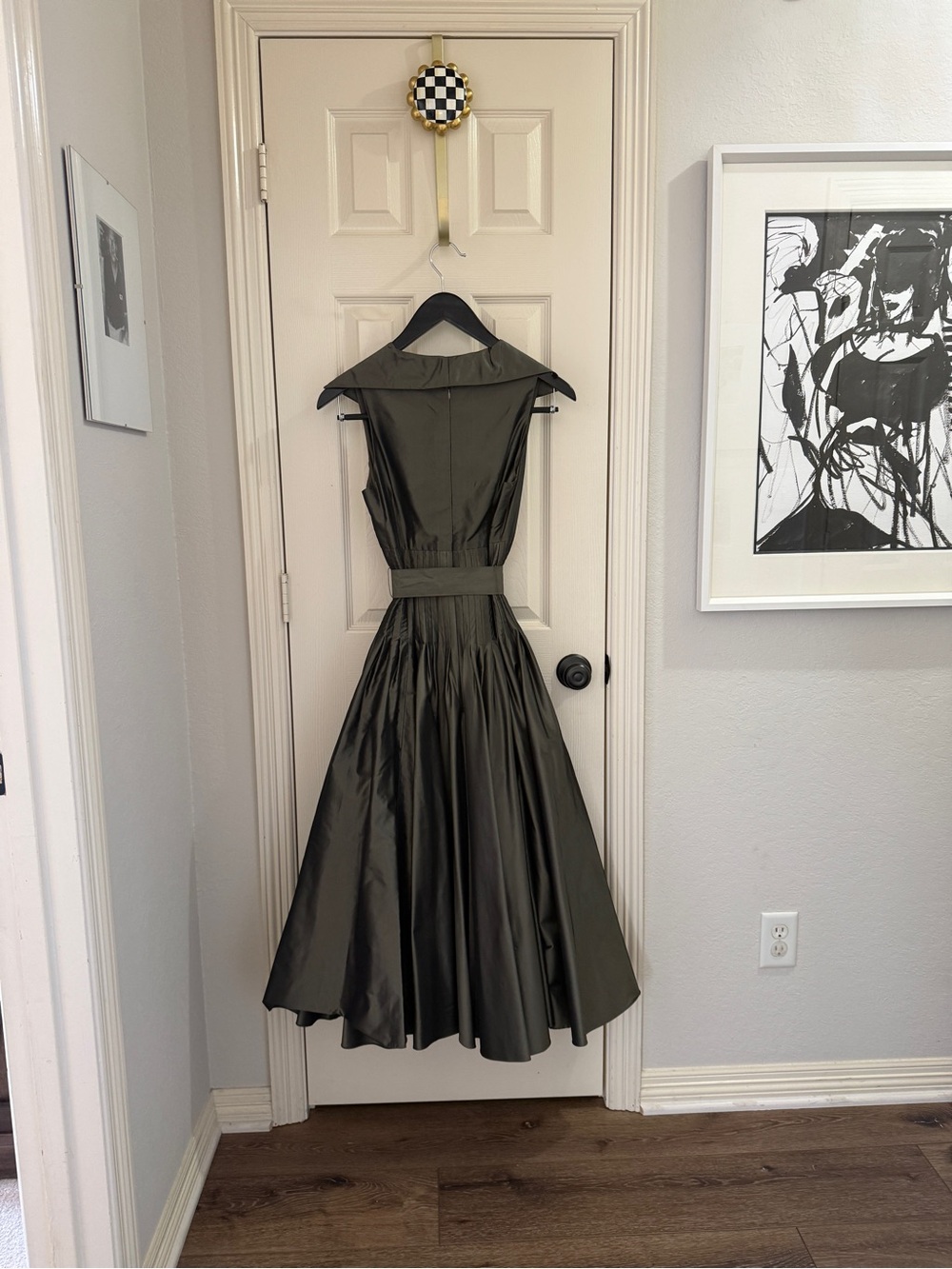 Teri Jon Olive Green Taffeta Fit‑and‑Flare Midi Dress with Pleated Waist & Bow - Picture 9 of 15